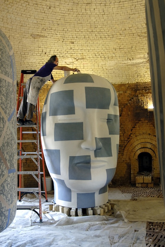 Jun Kaneko worked at Mission Clay Products in California for two years in the mid-90ʼs to create twenty-four immense sculptures and at their Kansas facility for the majority of three years starting in 2005 to create 44 monumental ceramic sculptures. All sculptures are fabricated by hand stitching clay slabs into the walls of singular monolithic hollow artworks.