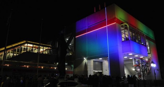 The train station in Stamford, Conn., on Wednesday. Nearly 1,300 light-emitting diode strips have been mounted along three sides of the building, bathing it in colorful lights from dusk until around 2 a.m., when the last train departs. 