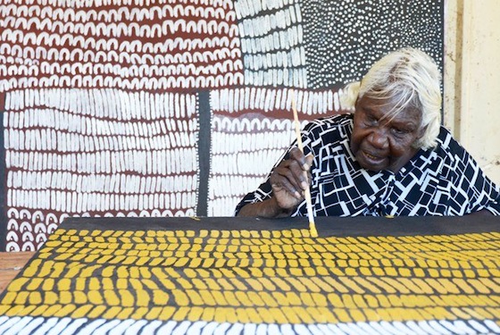 Lena Nyadbi was born circa 1937 at Walmanjilukum (Greenvale Station) in the East Kimberley, Austrialia. In the 1980s she witnessed the genesis of the region's contemporary painting movement. By 1998, after many years of living and working in the Aboriginal community of Warmun, Nyadbi began painting independently.