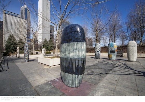 The glazed patterns appear to be draped like fabric, in a manner that is specially attuned to the surface of each individual sculpture. The Dango form links Kaneko’s work to minimalist sculptors who played with simple and large forms, while at the same time, the pattern overlays show formal concerns – in repeating geometric shapes – similar to those of minimalist painters. Kaneko sees his work as both painting and sculpture, with the key geometric patterns acting as rhythm and tone. 