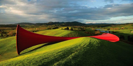 Anish Kapoor "Dismemberment, Site 1," 2009, Mild steel tube and tensioned fabric, West end 25 x 8m, East end 8 x 25m., Length 85m, Gibbs Farm, New Zealand.  Anish Kapoor is one of the most influential sculptors of his generation. Born in Bombay in 1954, he moved to Britain in 1972 and studied at the Hornsey College of Art and Chelsea School of Art Design; and he has lived and worked in London since the early 1970's. Over the past twenty years his work has been seen in most of the leading galleries and museums. In 1990, Kapoor was awarded the “Premio Duemila” when he represented Britain at the Venice Biennale of Contemporary Art; in 1991 he won the Turner Prize; in 1997 he was awarded an Honorary Doctorate at the London Institute; in 2001 was awarded an Honorary Fellowship at Royal Institute of British Architecture; and in 2003 he received a CBE.  www.anishkapoor.com
