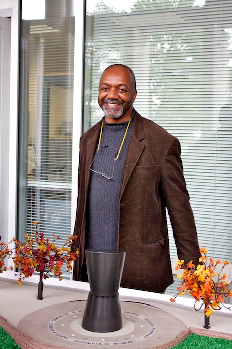 Artist Kerry James Marshall with model "A Monumental Journey" for Des Moines, Iowa. Photo: Victoria Herring