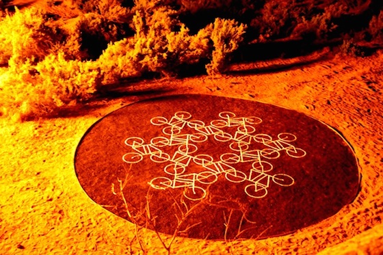 This image, provided by New Mexico Arts, shows a sand drawing created with more than 250 pounds of crushed porcelain powder shipped from China by dissident artist Ai Weiwei at a remote location on the Navajo Nation near Coyote Canyon, N.M. Weiwei teamed up with Navajo artist Bert Benally as part of the "Pull of the Moon" project organized by New Mexico Arts and the Navajo Nation Museum. Photo: New Mexico Arts, AP