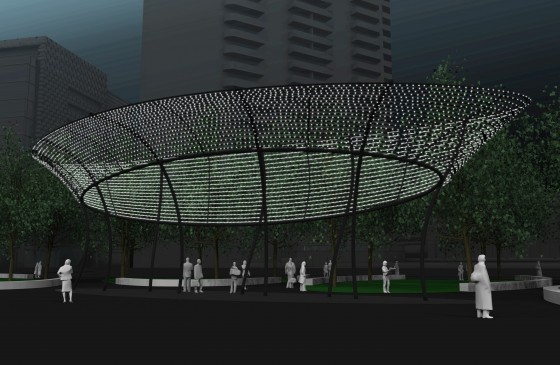 Thousands of computer controlled LED lights will create the illusion of figures that disolve and resolve as the public moves around and beneath the suspended, cloud-like matrix that will illuminate the plaza.