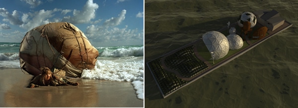 Left: Mary Mattingly, Inflatable Home, 2008, color photograph, 40 x 50“. Right: James Halverson/Lux Visual Effects, The Waterpod, 2009, three-dimensional rendering, 30 x 40”.