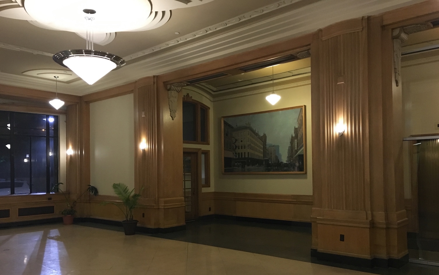 Art Deco lobby of Kirkwood Hotel with Doug Sheldon painting in background