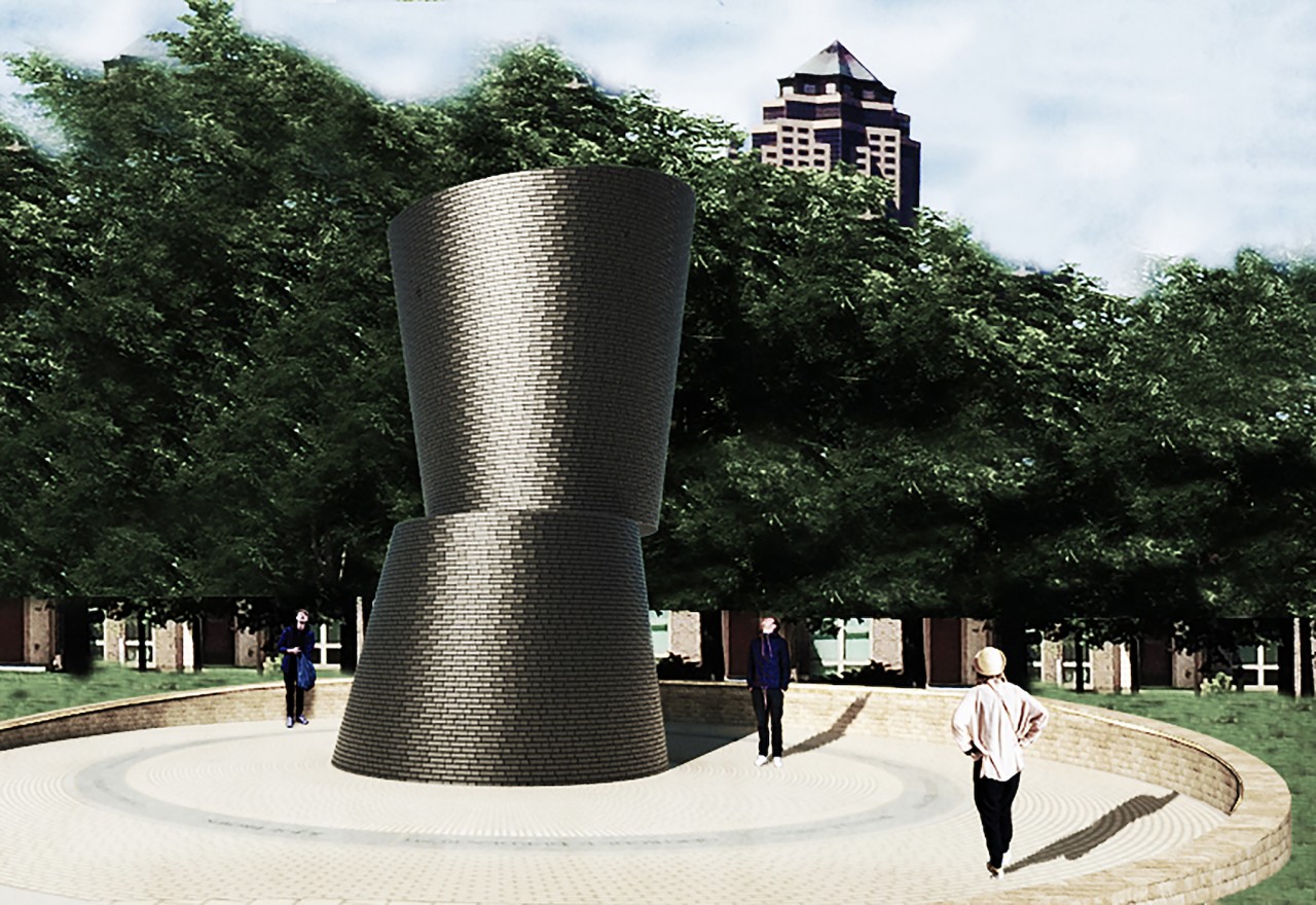 Rendering of propose public art project "A Monumental Journey" at Hansen Triangle Park, Des Moines, Iowa.
